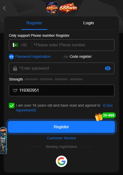 688WIN Game register screen and signup guide
