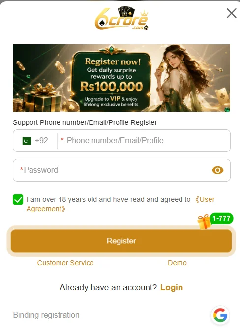 6crore game sign up form and registration steps