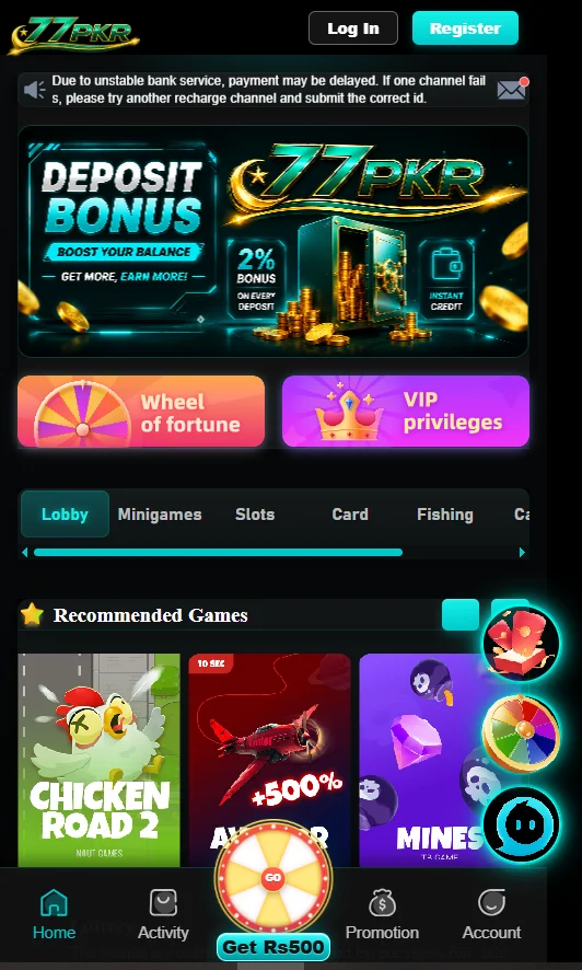 77PKR Game app home screen overview