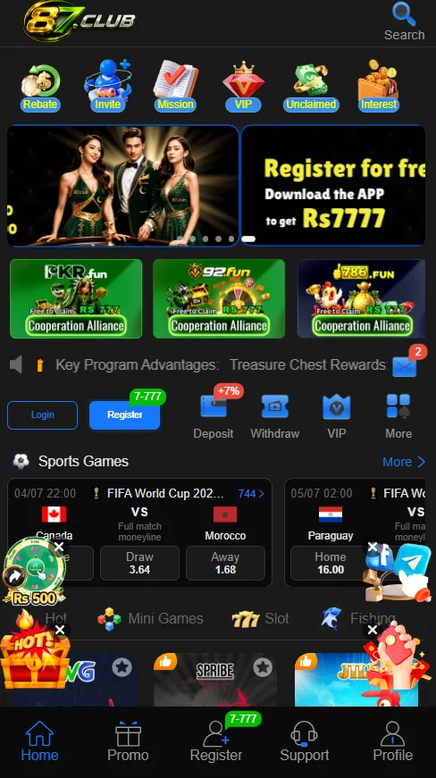 87club game home dashboard with all games