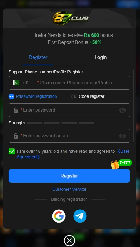 87CLUB Game new account registration page