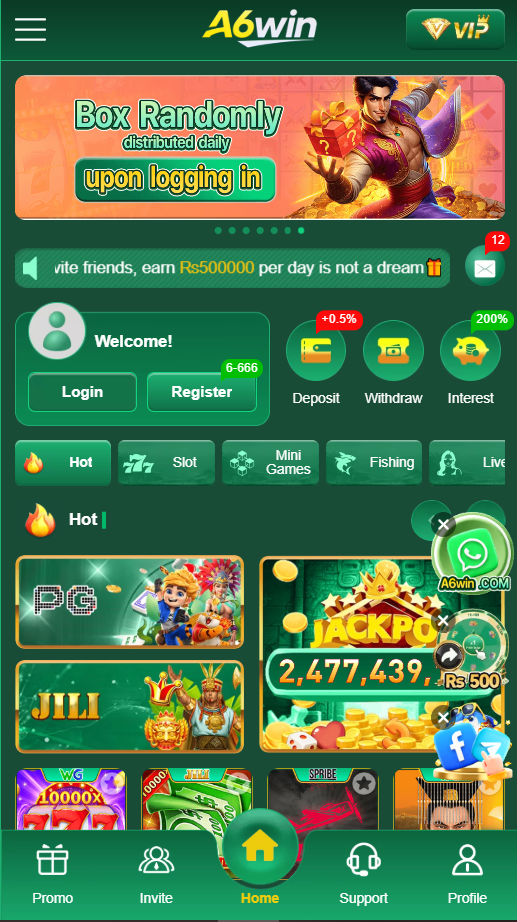 A6Win Game main lobby and available games
