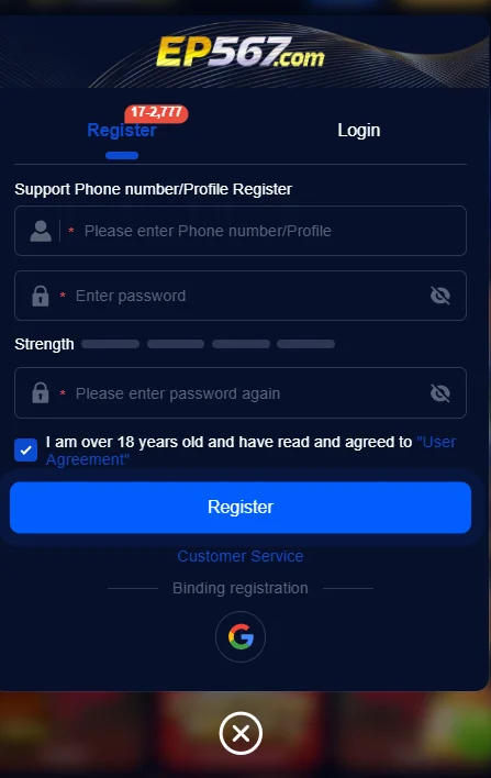 EP567 Game sign up form and registration steps