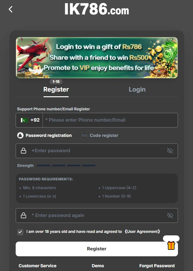 IK786 Game account creation and verification process
