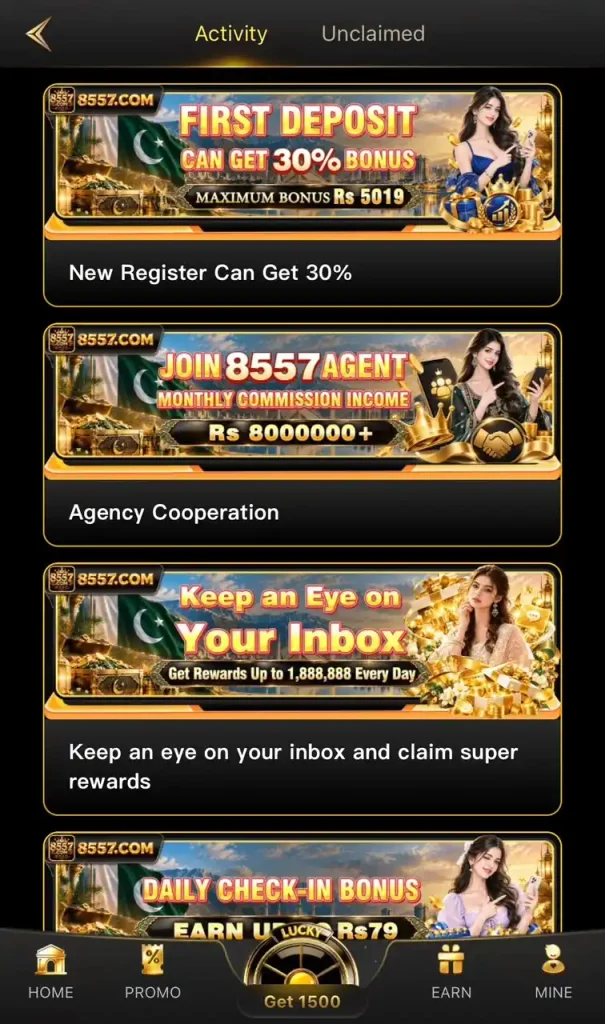 8557 Game daily rewards and bonus offers screen
