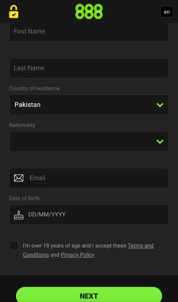 888 Game registration screen with new account sign-up fields