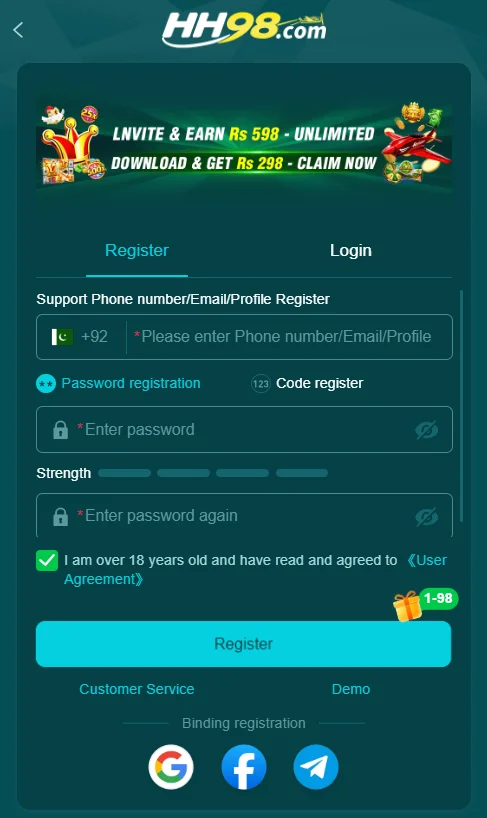 HH98 Game sign up form and registration steps