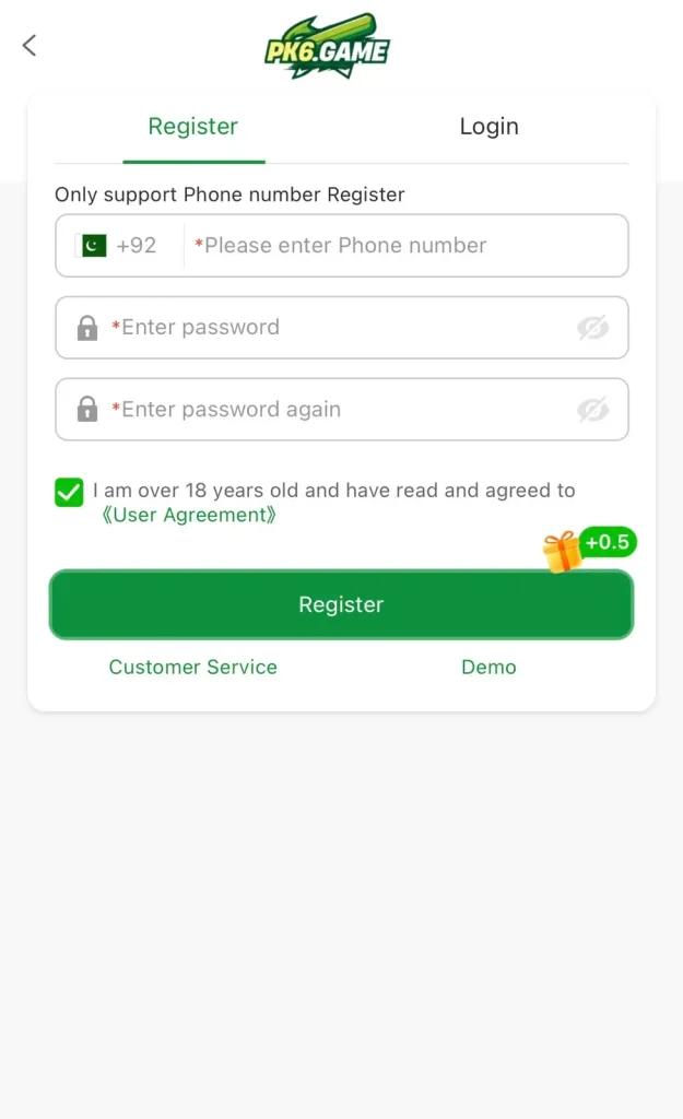 PK6 Game sign up form and registration steps