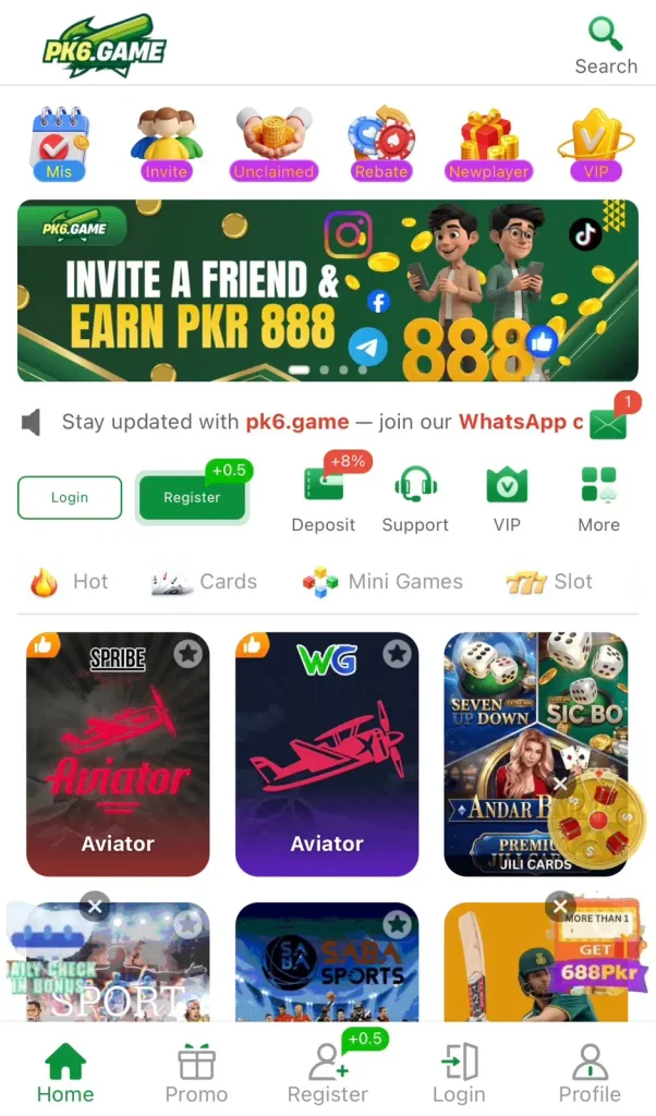 PK6 Game home dashboard with all games