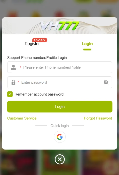 VH777 Game register screen and signup guide