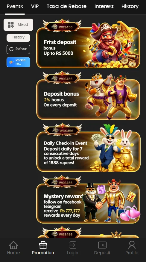 WGS456 Game promotional bonuses and offers page