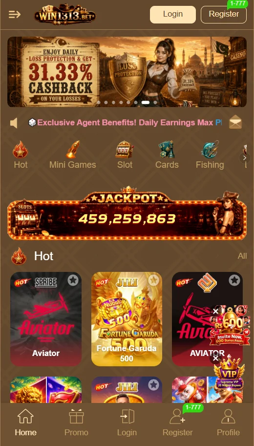 WIN1313 Game main lobby and available games