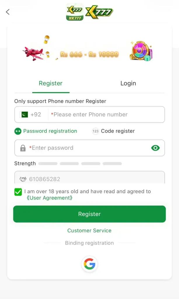 XK777 Game register screen and signup guide