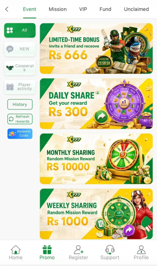 XK777 Game bonus page and reward system