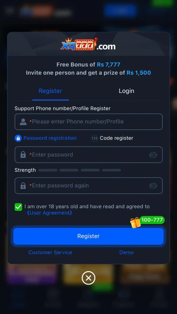 XQ777 Game registration and account creation process