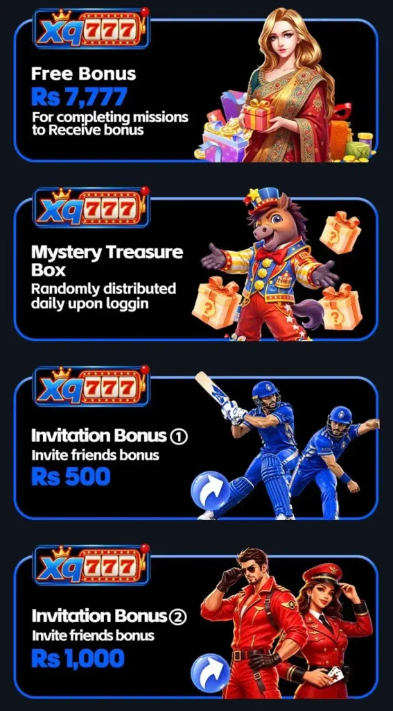 XQ777 Game welcome bonus and rewards section