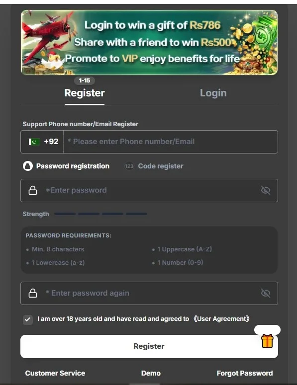 Y3333 Game registration and account creation process